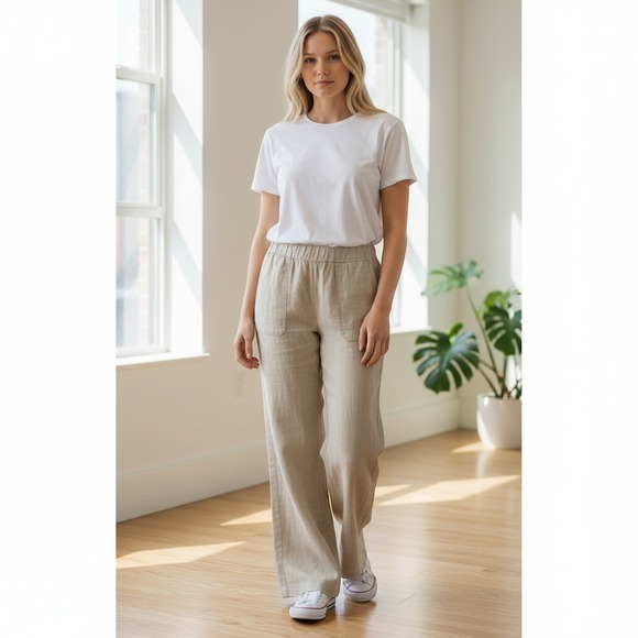 Roxy Pants - Roxy Ocean Side Linen Blend Pants Beige Wide Leg Smocked Waist Beach Trousers L